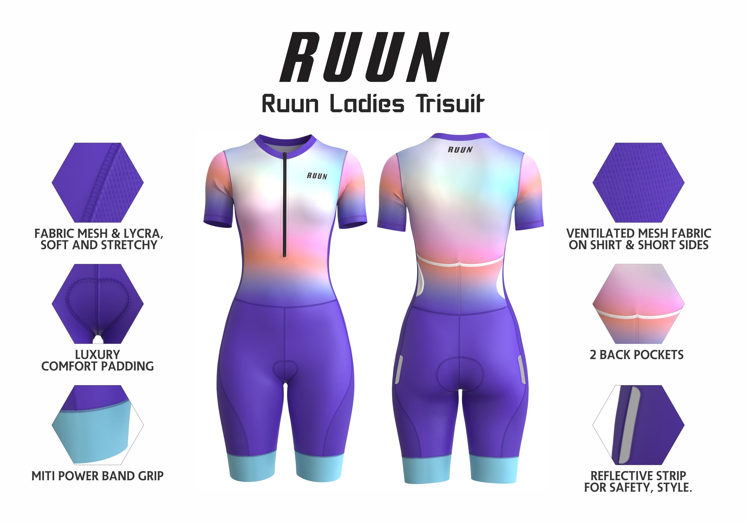 RUUN Traje de ciclismo para mujer, media manga con bolsillos, malla de triatlón, acolchado, con banda de fuerza y pinzas para las piernas