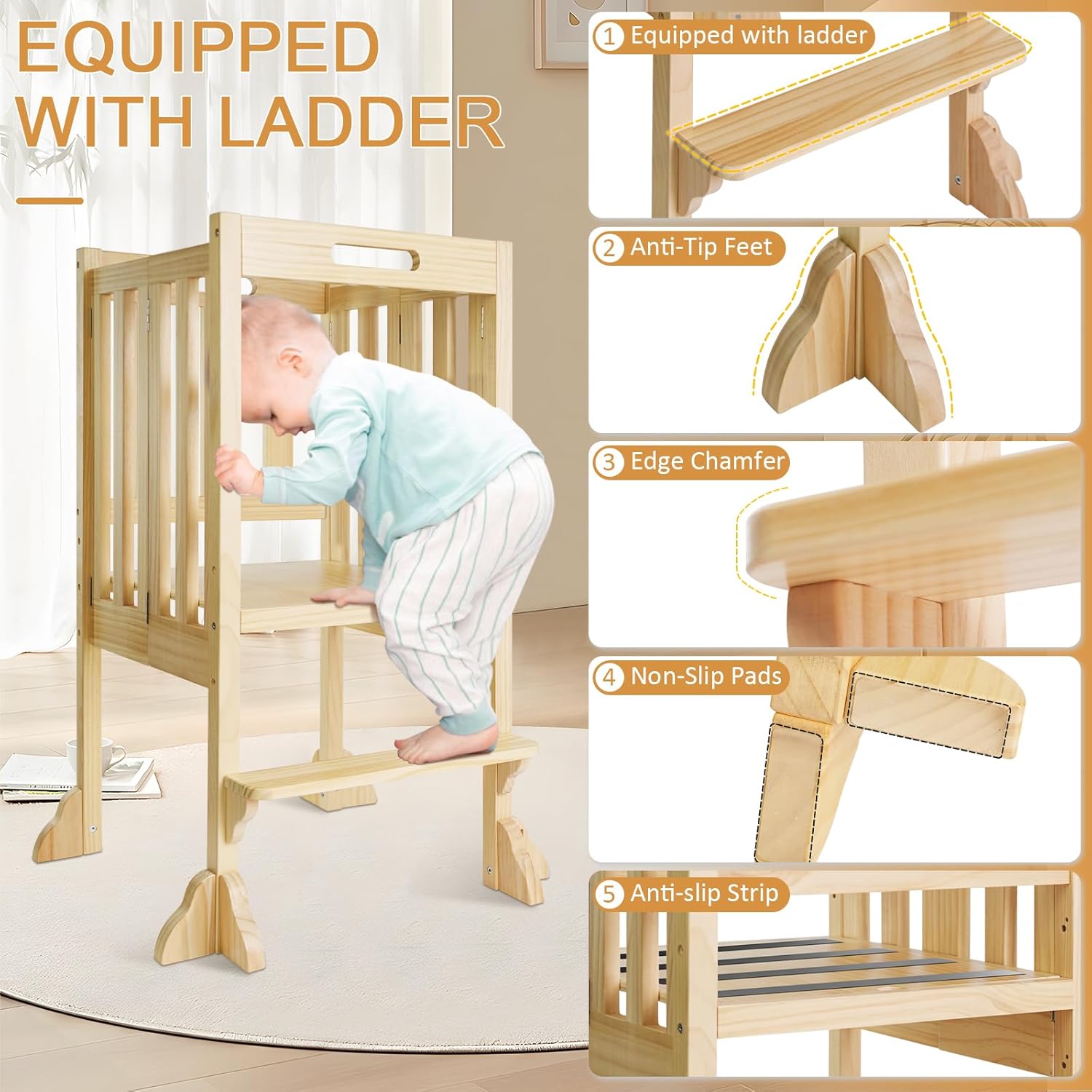 Foldable Toddler Learning Standing Tower, WOOD CITY Montessori Kitchen Step Stool Ideal Helper with 3 Adjustable Heights for Learning New Skills(Natural) 5 Foldable Toddler Learning Standing Tower, WOOD CITY Montessori Kitchen Step Stool Ideal Helper with 3 Adjustable Heights for Learning New Skills(Natural) - Image 3