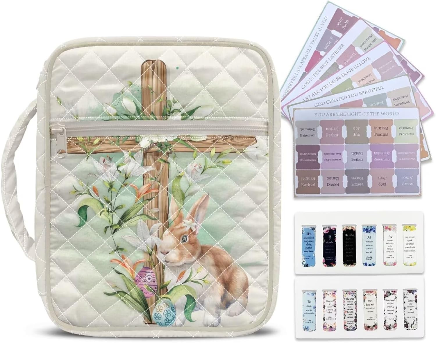 Lily Flower Bunny Cross Bible Cover Case for Women Large Quilted Carrying Case with Handle, Laminated Bible Book Tabs and Magnetic Bookmark