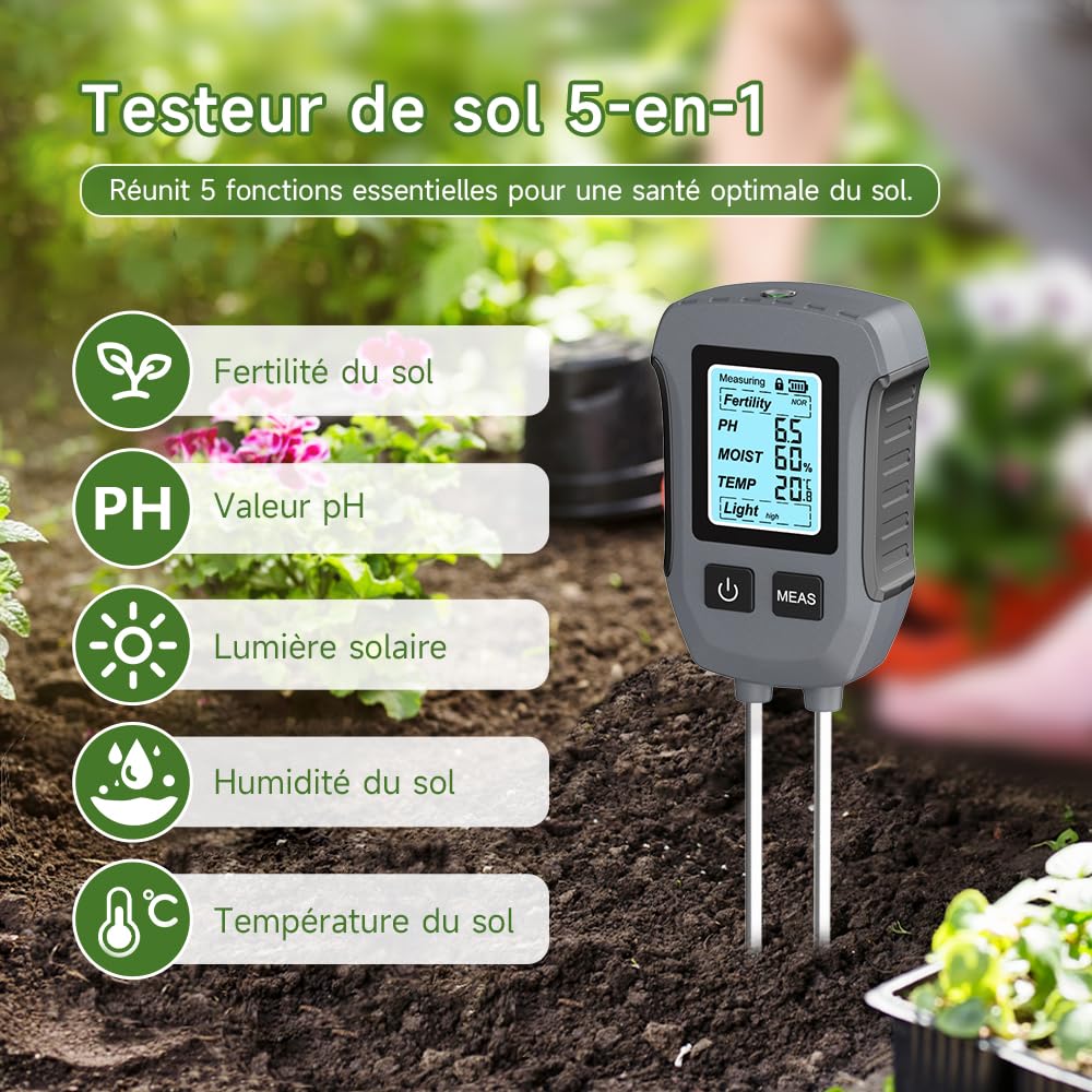 Uzoli SGS13 Testeur d'humidité du Sol Plantes, 5 en 1 Appareil de Mesure du Sol pour fertilité, Valeur ph, Intensité Lumineuse, Température, Humidité du Sol, Hygromètre pour Jardin et pelouse