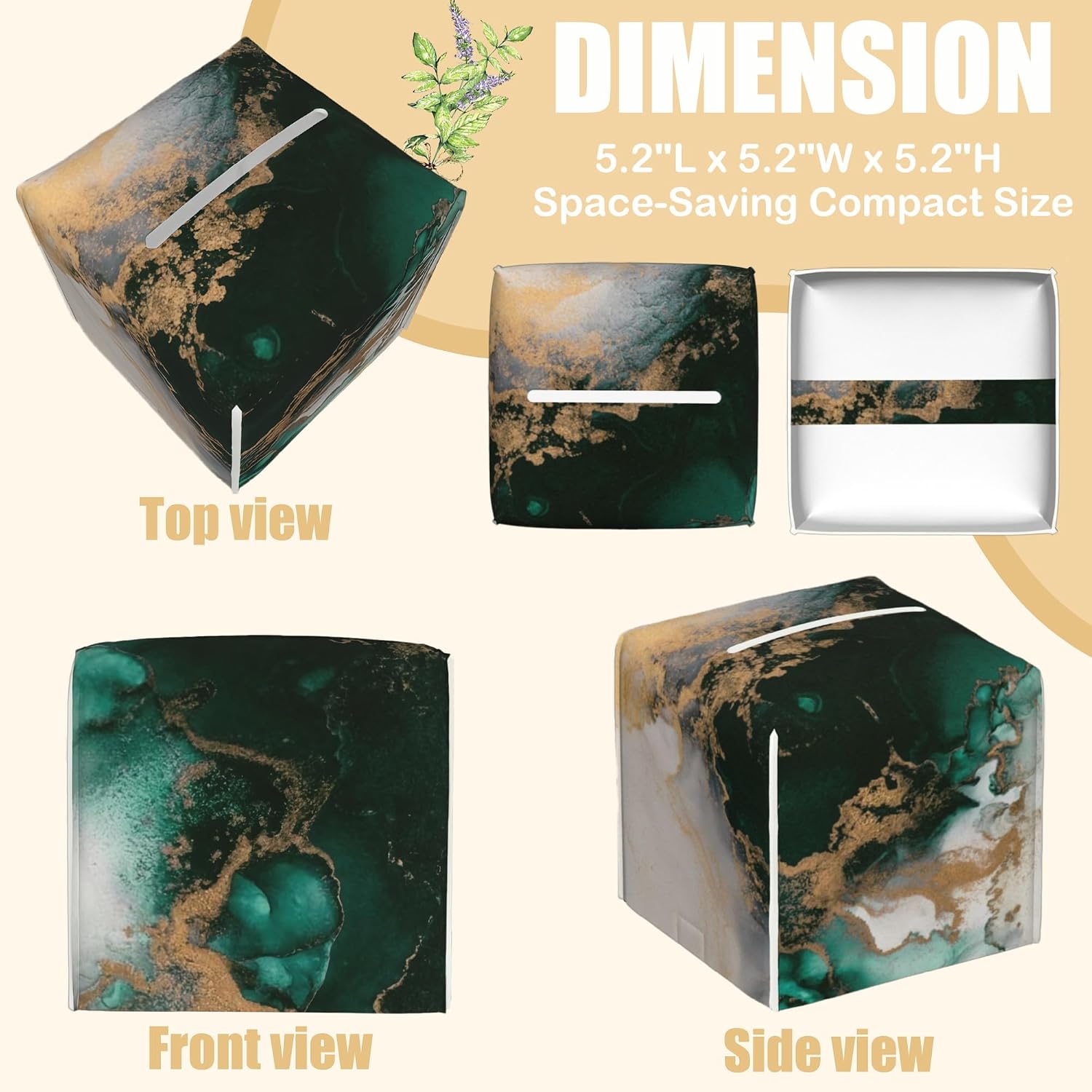 Square Tissue Box Cover Teal and Gold Marble Tissue Box Holder Facial Cube Paper Dispenser Leather Decorative Organizer Home Office Desk Decor, 5.2"x5.2"x5.2" image 2