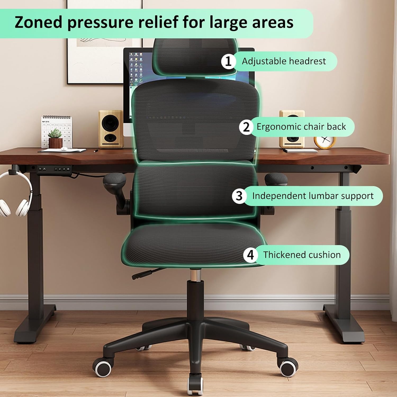 Office Chair Ergonomic Desk Chair, High Back Computer Chair for Long Hours Comfortable, Rolling Swivel Executive Task Chair for Home Office with Flip-up Armrests, Black