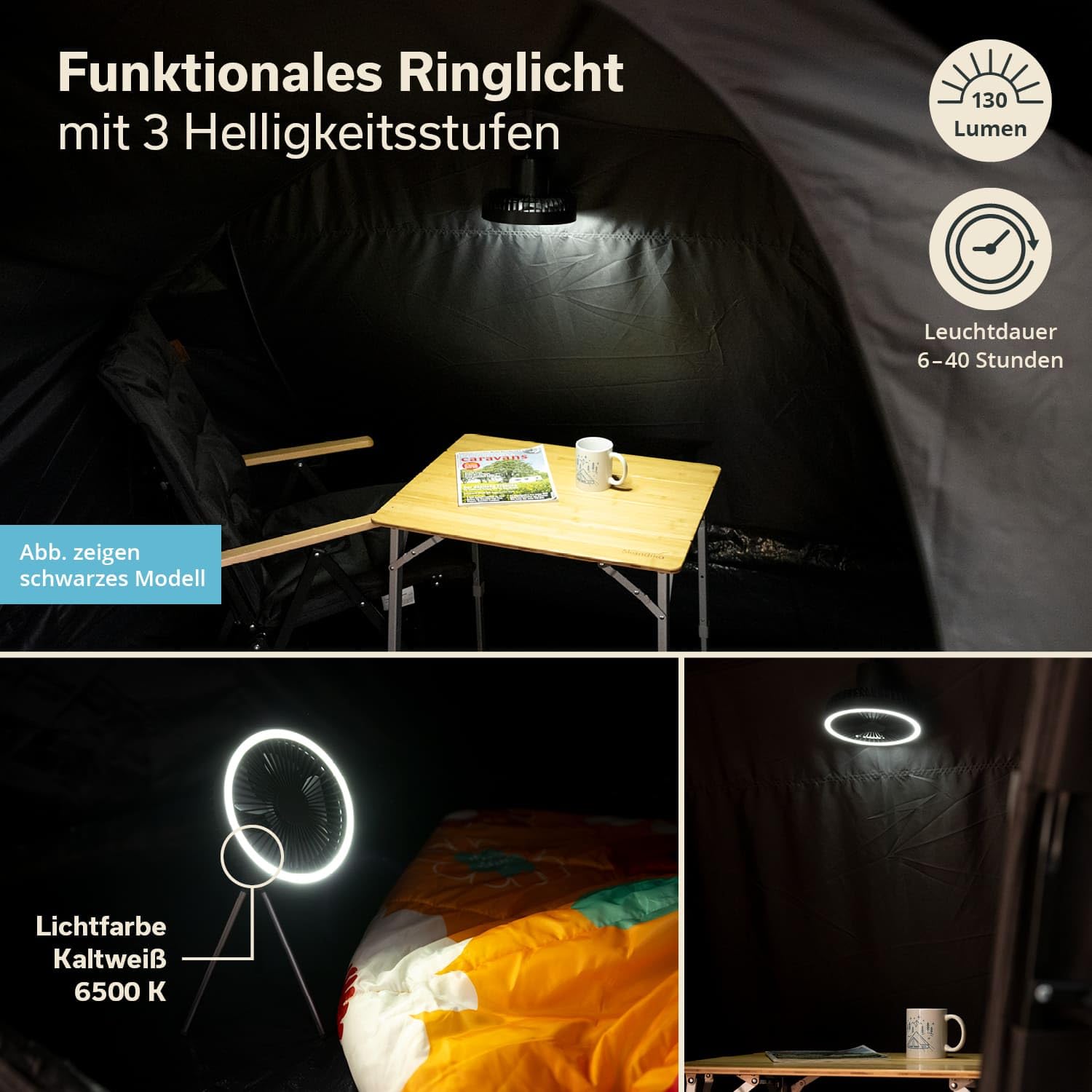 Skandika lampa kempingowa Solvind LED z wentylatorem | 3w1 z powerbankiem, ładowana USB-C, stojąca, wisząca, światło pierścieniowe białe, ścieminiania, na stojaku | lampka turystyczna, namiotowa