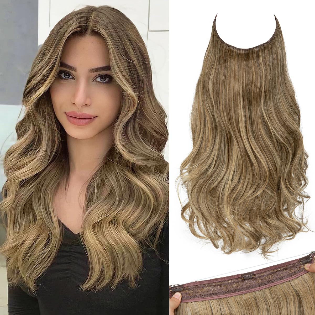 SARLA Invisible Wire Hair Extensions Long Wavy Curly Synthetic Hairpiece with 3 Clips for Women Adjustable Transparent Headband 22 Inch Sandy Brunette 22 Inch (Pack of 1) Sandy Brunette