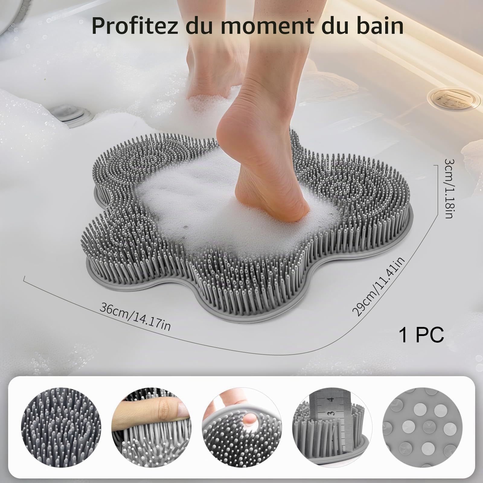 Tapis de Nettoyage des Pieds pour Douche, 14,2 * 11,2 Pouces Tapis de Douche en Silicone pour récurage des Pieds, Soin des Pieds Brosse antidérapante avec ventouses, Nettoyage en
