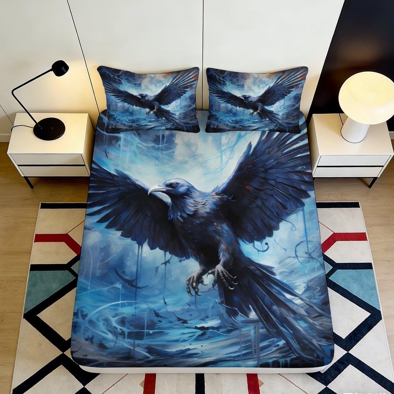 Jqzkxnhpbr Style-8 3D Printed Dark Raven Fitted Sheet Microfiber Sky Wings Mattress Cover For Bedroom Dorm Home Decor Mattress Protection 90X200x25cm