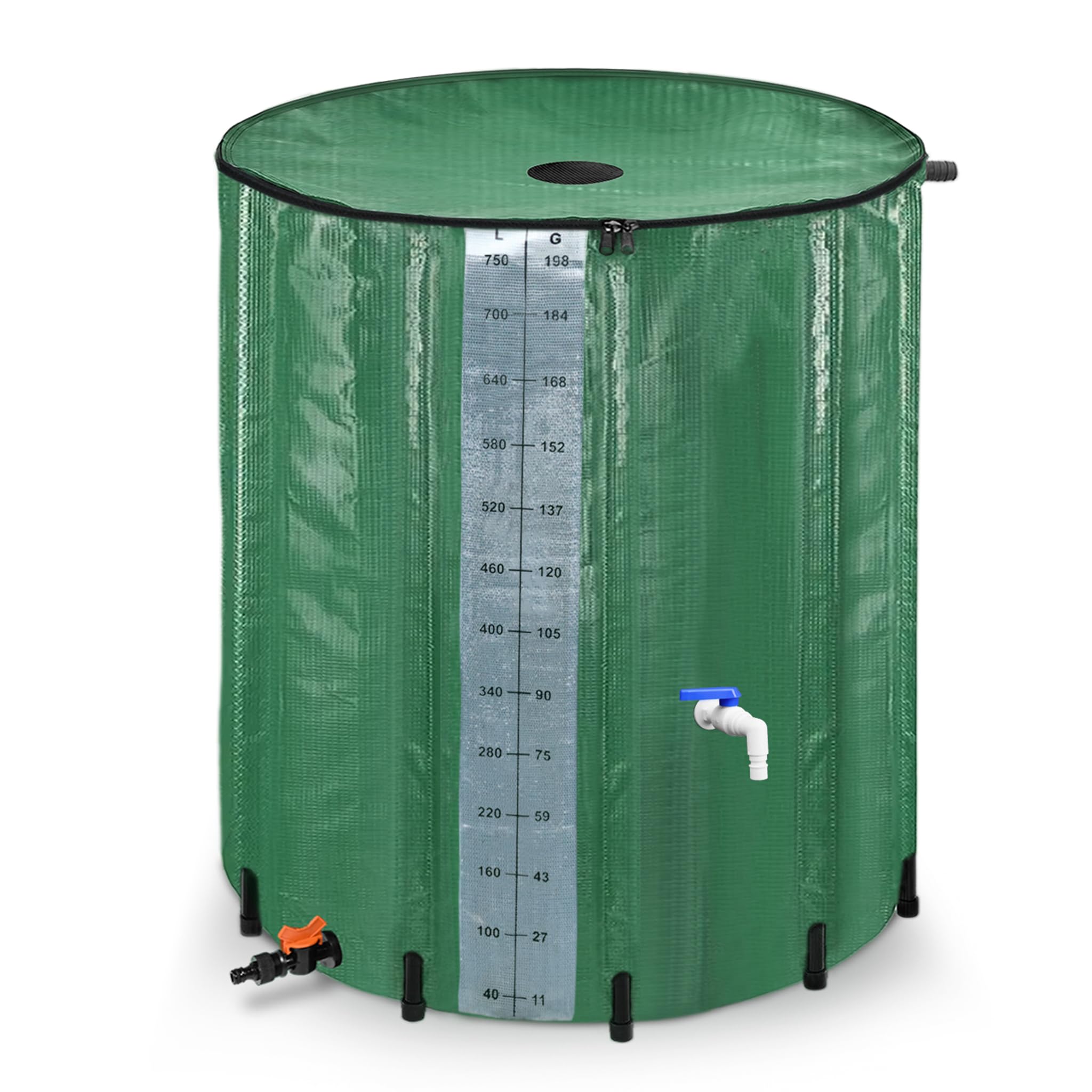 UISEBRT Składany pojemnik na deszczówkę, 750 l, z kratką wlotową wody, zbiornik na wodę deszczową z zaworem odpływowym, PCW, do zbierania wody deszczowej, zielony