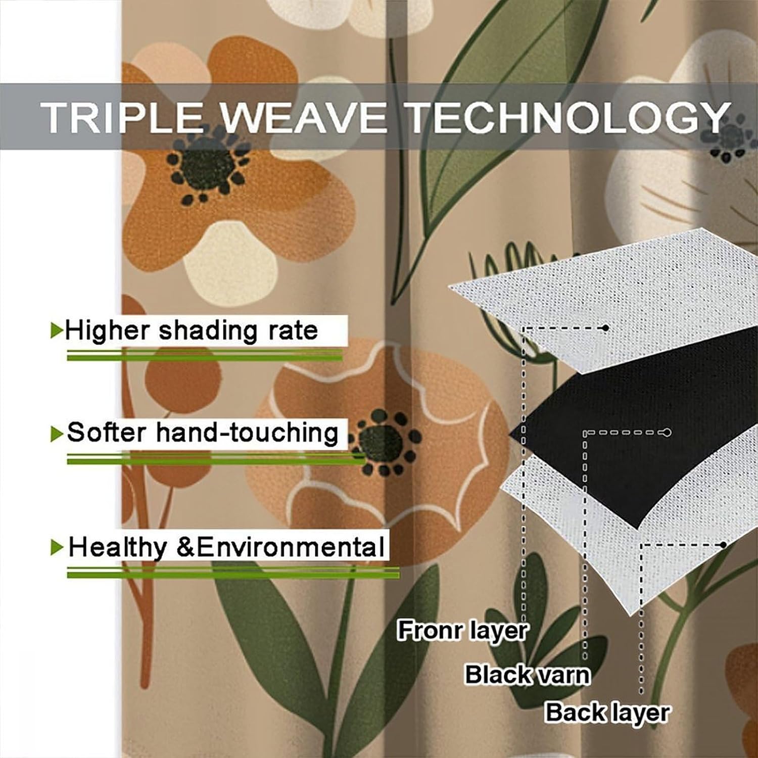 Colorful Plant Blackout Curtains for Bedroom Living Room, Rod Pocket Spring Leaf Wildflower Curtains Thermal Insulated Window Drapes 2 Panels, Each 21W x 45L