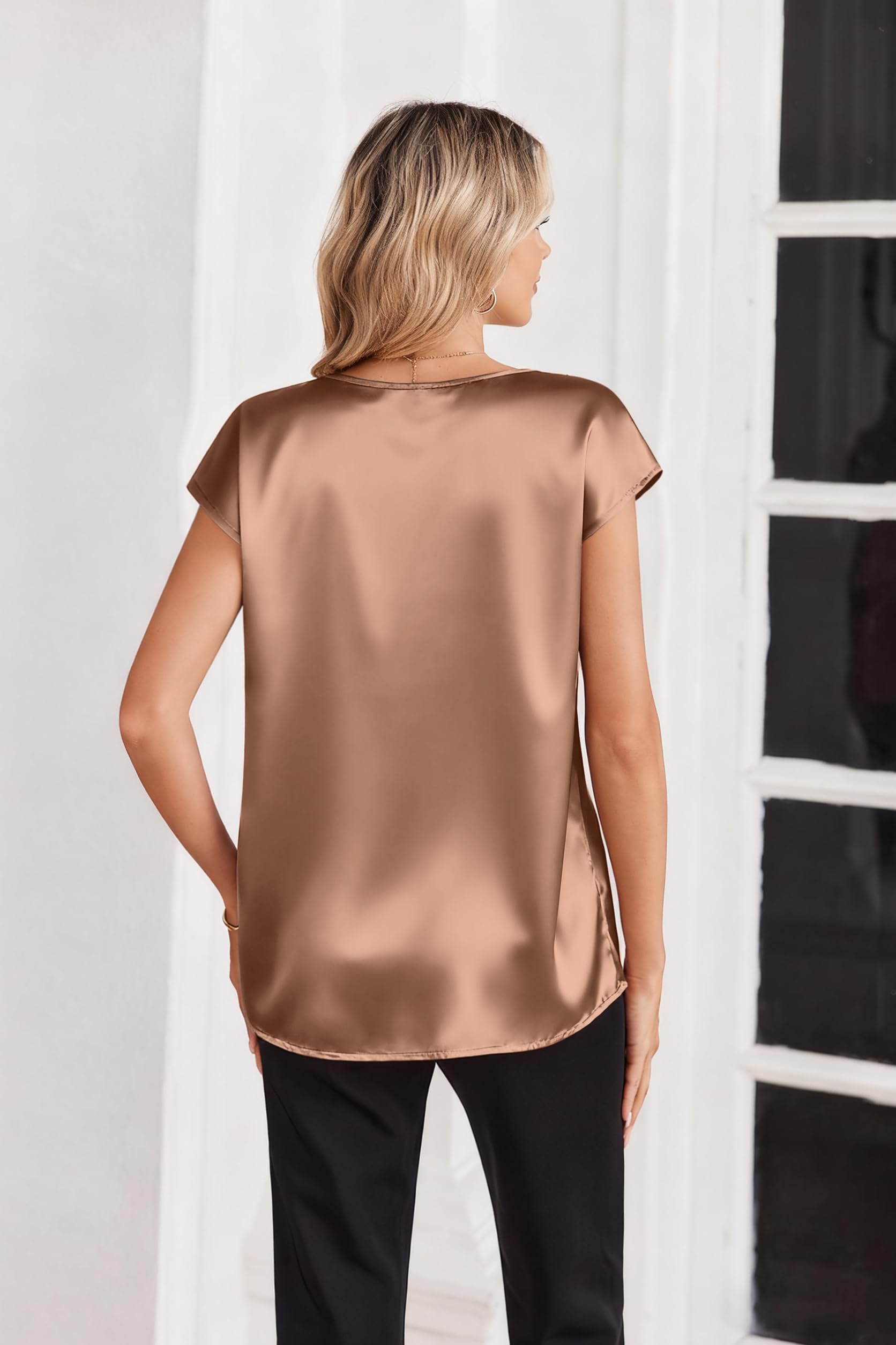 Zeagoo Women's Satin Shirt with V-Neck and Short Sleeves Silk Blouse Elegant Summer Shirts Satin T-Shirt Top Basic Satin Solid Shirts S-XXL - 5