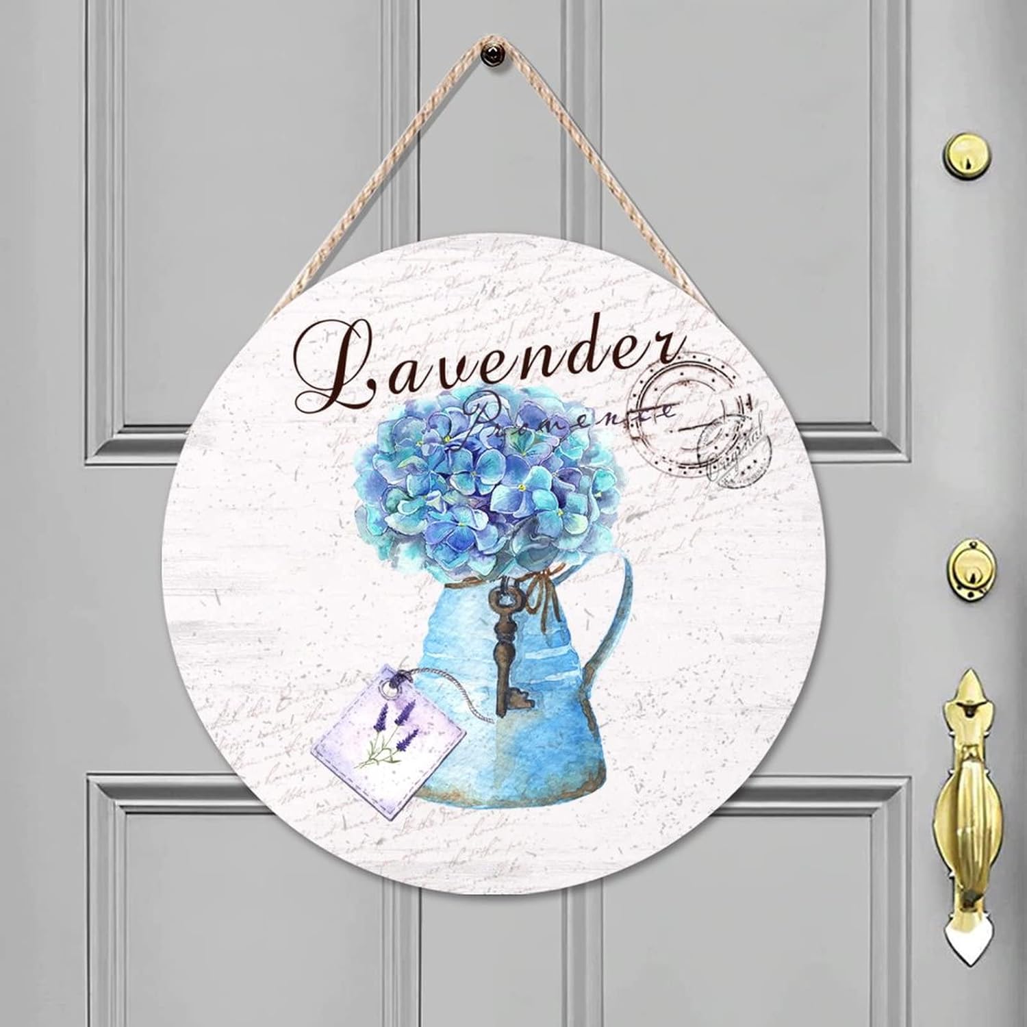 Lavender Wood Door Sign, Floral Front Door Round Wood Sign, 16x16in Personalized Pattern Wall Door Hanging Sign for Front Door Entryway Porch Bar Pub Housewarming Gifts