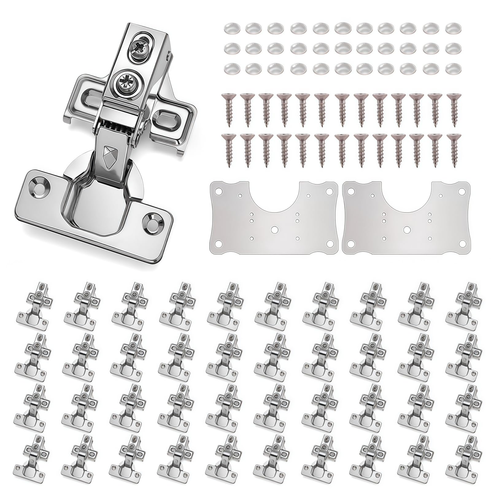 Photo 1 of Mirdinner Cabinet Hinges - 100 Pack for 1/2 inch Overlay Cabinet, Face Frame Concealed 105Deg Self Closing Hinges, Stainless Soft Close Cabinet Door Hinges with Mounting Screws and Repair Plate