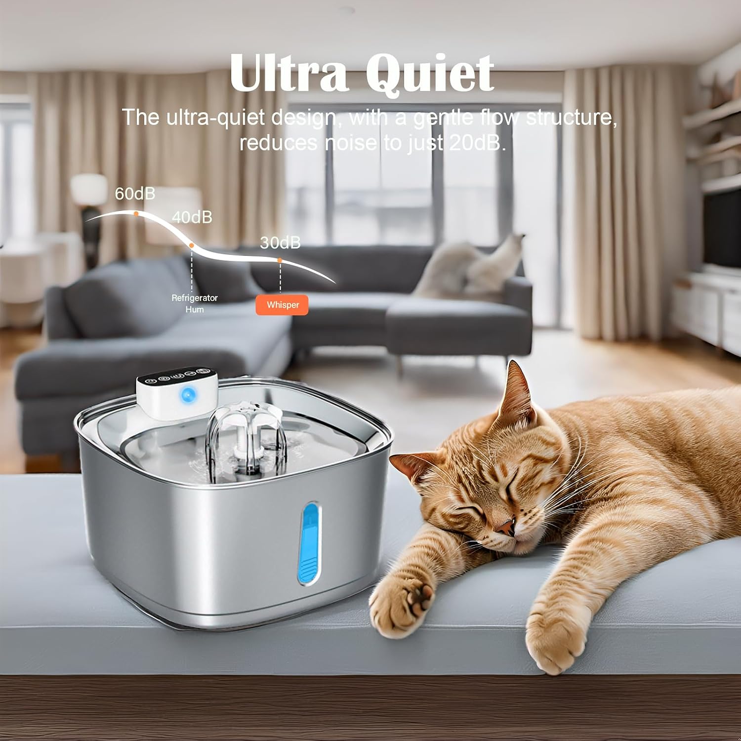 Cordless Cat Water Fountain, 3.2L/108oz Rechargeable Stainless Steel Cat Water Fountain Battery Operated with Replacement Filters, Quiet Pump, Sensor Automatic Dispenser for Cats Indoor