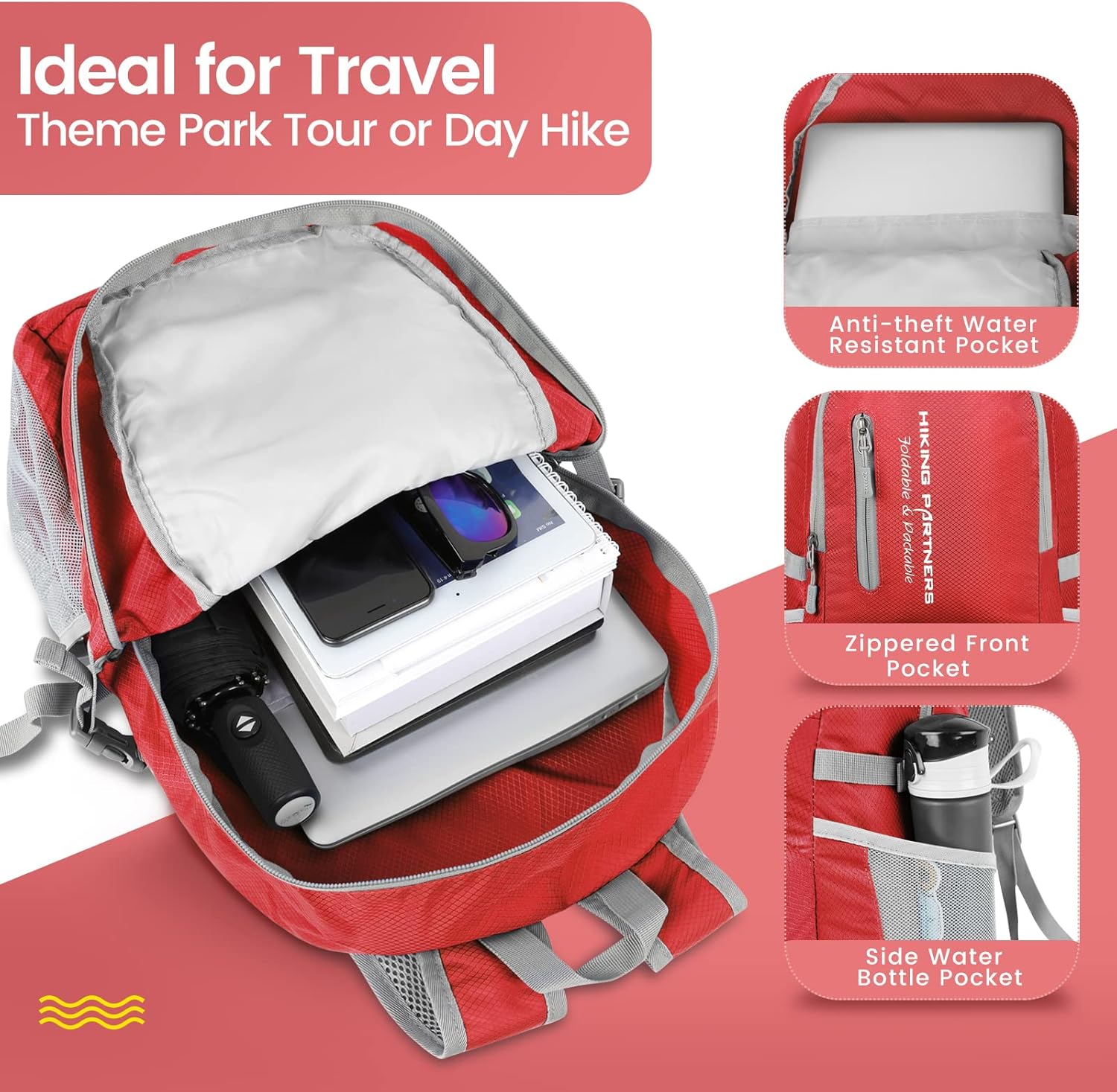 ZOMAKE Lightweight Packable Backpack, 35L Light Foldable Hiking Backpacks Water Resistant Collapsible Daypack for Travel(Red) - Image 3