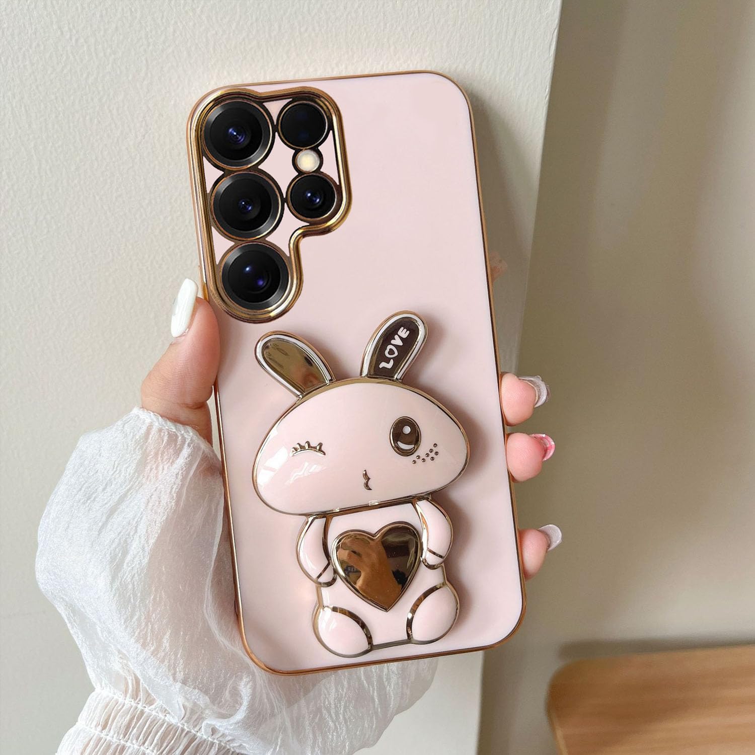 KC Back Cover for Samsung Galaxy S25 Ultra 5G - Hidden Love Rabbit Folding Bracket Kickstand Electroplated Soft Silicone Camera Protection Case - Pink