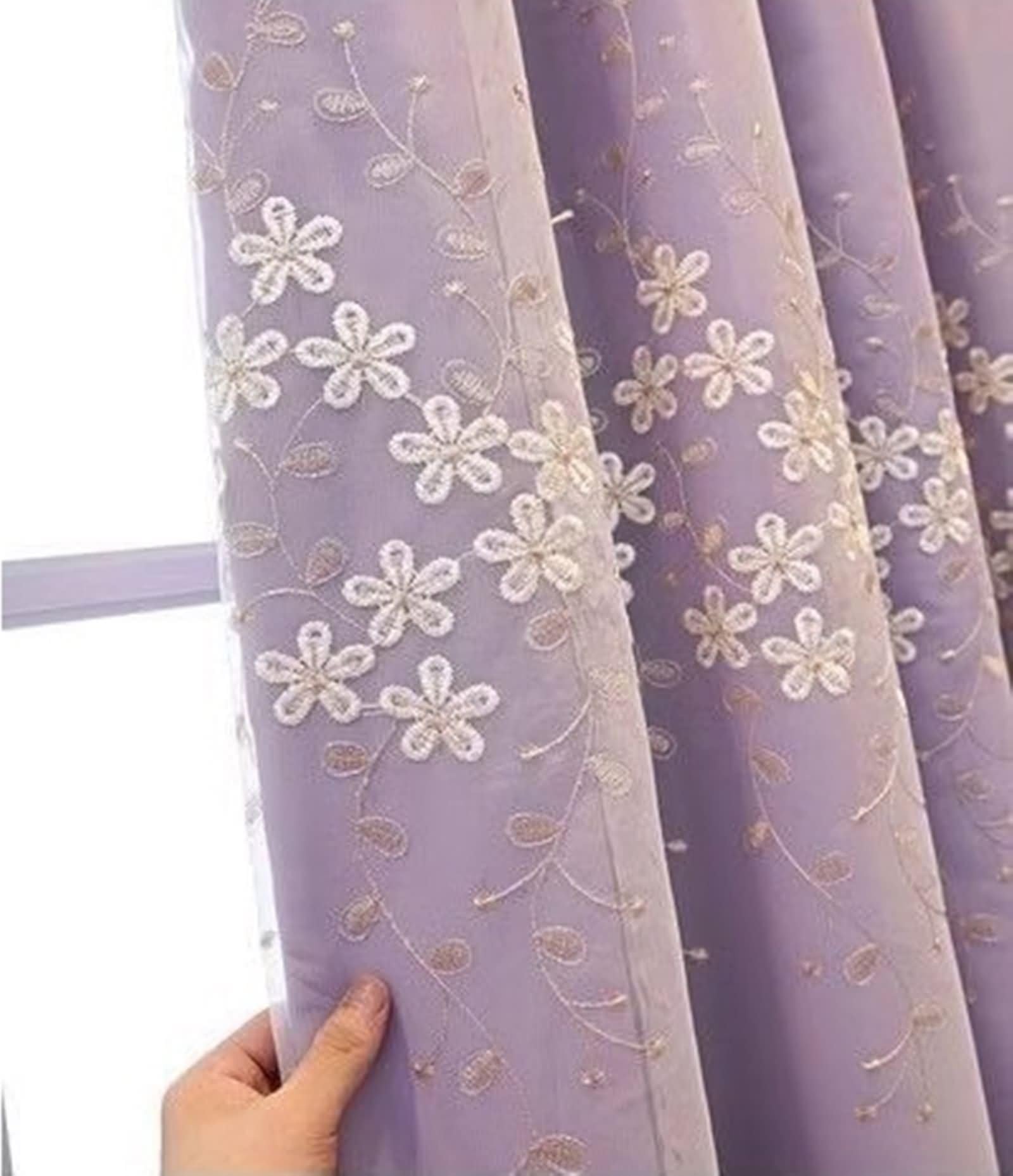 Zasłony okienne, lekkie zasłony zaciemniające fioletowy dwuwarstwowy haft koronkowy zestaw 2 szt. 107 W x 229 l cm