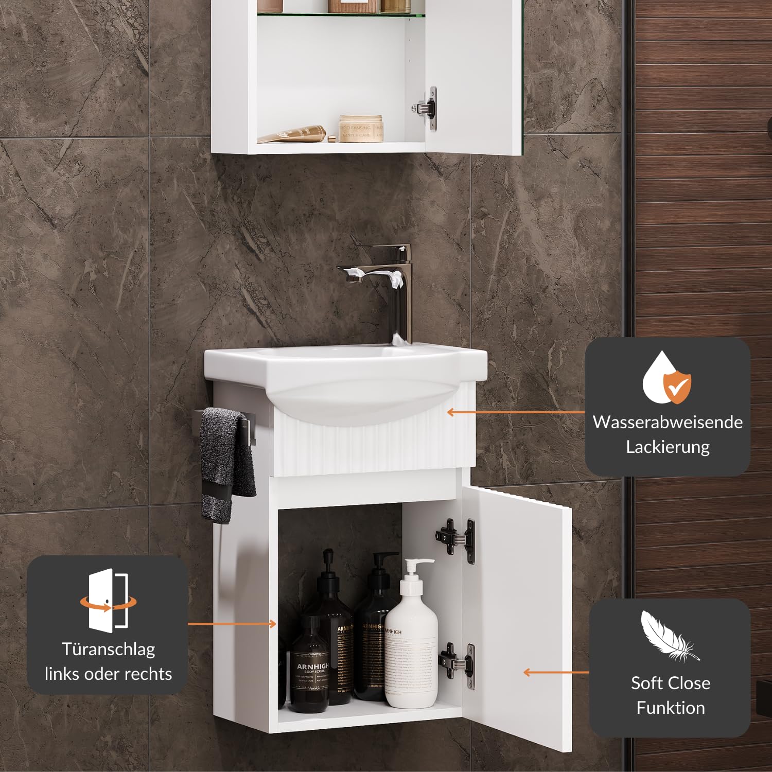 Planetmöbel Waschbecken mit Unterschrank 40 cm inkl. Keramikwaschbecken und Spiegelschrank, Gäste WC Badmöbel Set, weiß matt