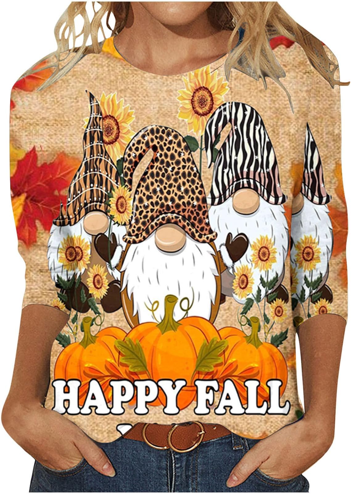 ZCVBOCZWomen Tops and Blouses Fall Fashion Pumpkin Print Halloween Shirts Casual 3/4 Sleeve Round Neck Loose Fitted Blouses