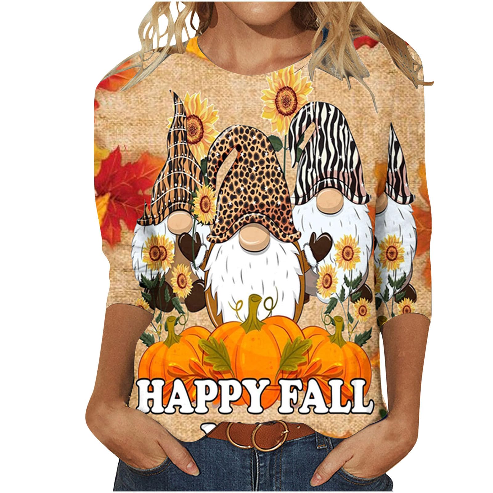 ZCVBOCZWomen Tops and Blouses Fall Fashion Pumpkin Print Halloween Shirts Casual 3/4 Sleeve Round Neck Loose Fitted Blouses