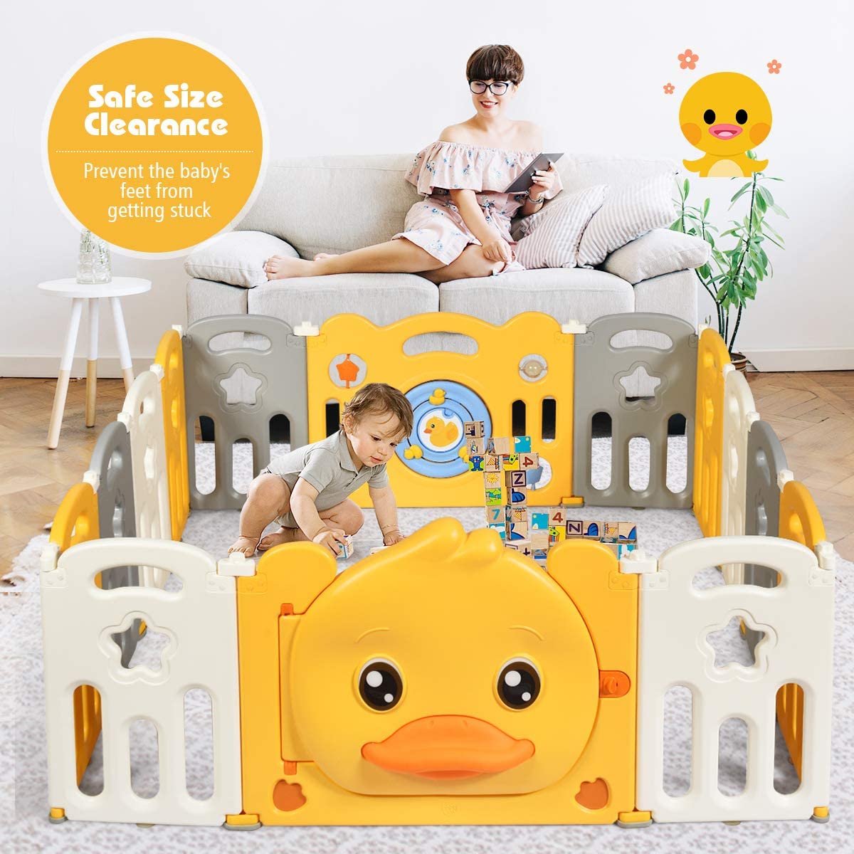 GLACER Foldable Baby Playpen, Indoor & Outdoor Kids Activity Center Sturdy Safety Play Yard w/Yellow Duck Pattern, Safety Lock, Anti-Slip Base, Kid's Fence for Infants Toddlers (14 Panel)