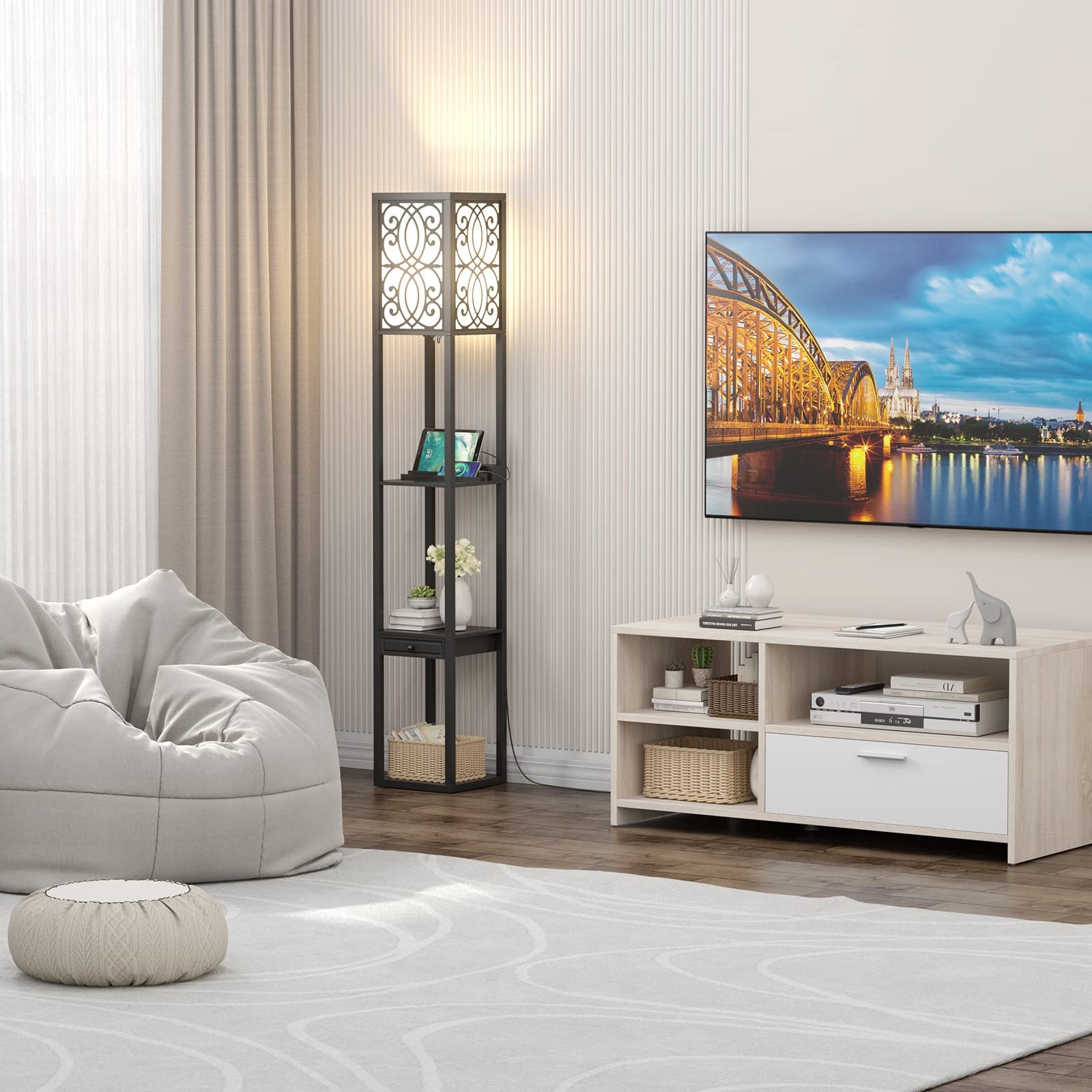 COSTWAY Stehlampe Wohnzimmer 160cm, E27, mit 2 USB Anschlüsseln, 3 Ebenen Stehleuchte mit Schublade, Standleuchte Holz, Holzregal Innenbeleuchtung für Wohnzimmer & Schlafzimmer