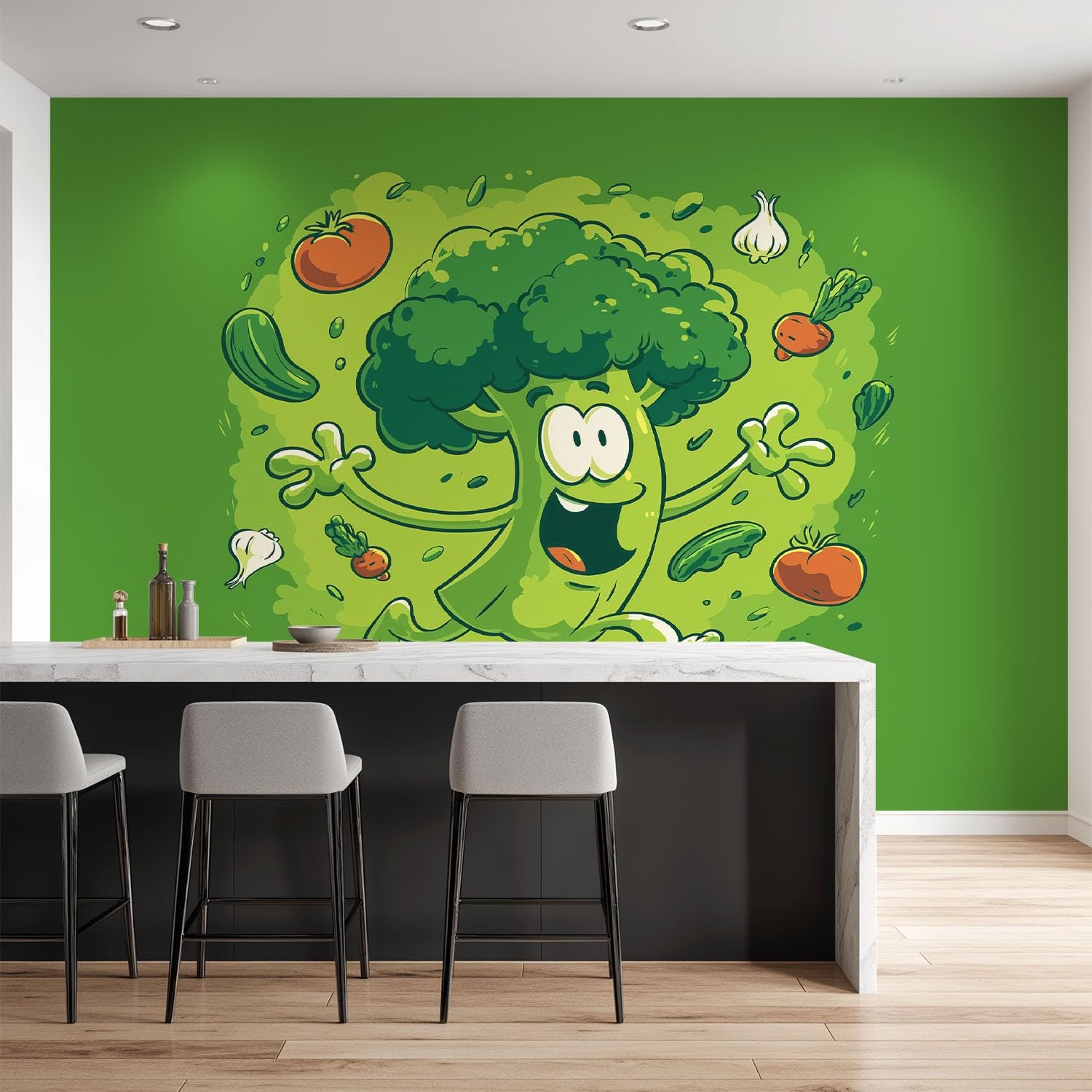 Wanddekoration Fototapete 350 x 256 cm, kindlich Cartoon lebhaft Brokkoli Gemüse Spiele, Wandtapete grün für Kinderzimmer Essbereich Küche, Vliestapete Wandbild als Wanddeko