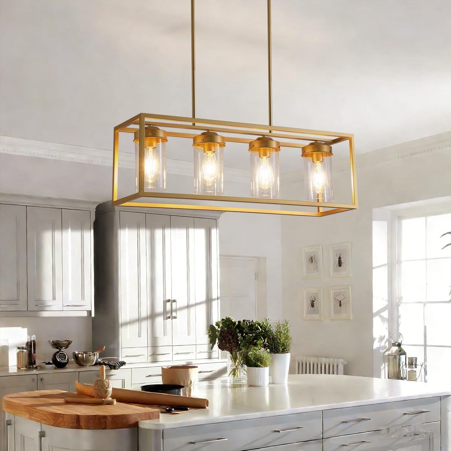 Gold Farmhouse Chandelier for Dining Room Light Fixture Rustic Industrial Pendant Light Rectangle Linear Kitchen Island Ceiling Light Fixture 4 Lights with Glass Shade