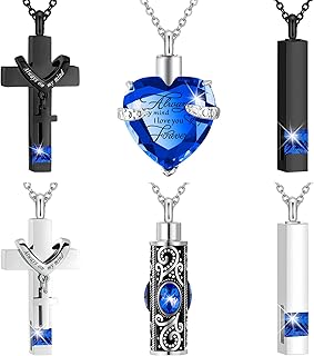 Fumete 6 Pcs Urn Necklace for Ashes Cremation Heart Cross Cubic Urn Stainless Steel Keepsake Locket Ashes Keepsake Memorial Ashes Necklace for Men Women Pendant (Dark Blue)