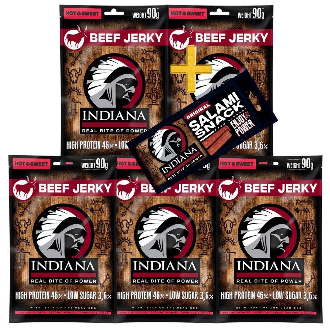Indiana Beef Jerky Hot&Sweet, Geschenkbox High Protein Trockenfleisch, ohne Zuckerzusatz, Gluten-frei, Sea Salted (5 x 90g)