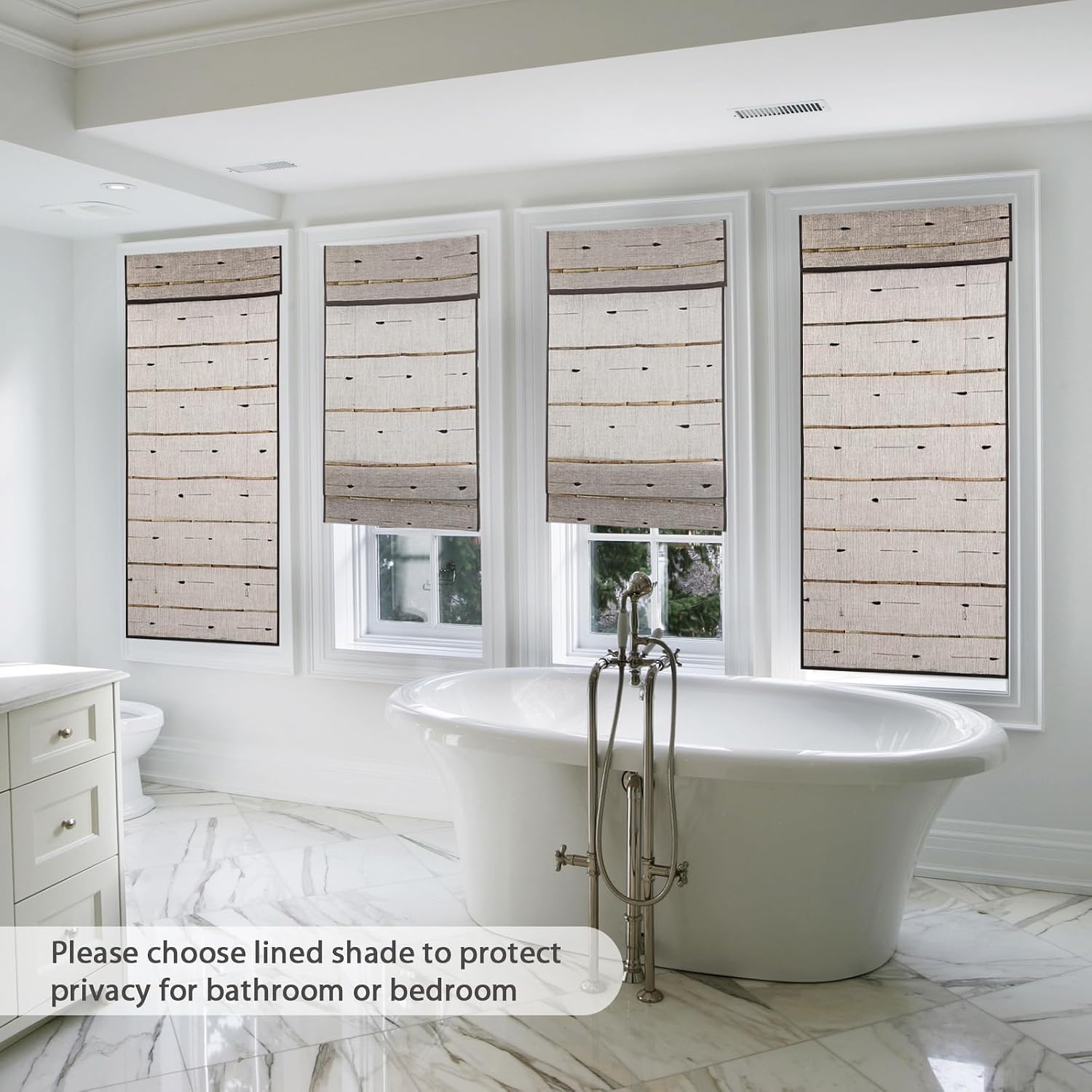 No Drill Cordless Linen Window Roman Shades, Cordless Light Filter/Sheer or Blackout Wood Window Blinds, Grey
