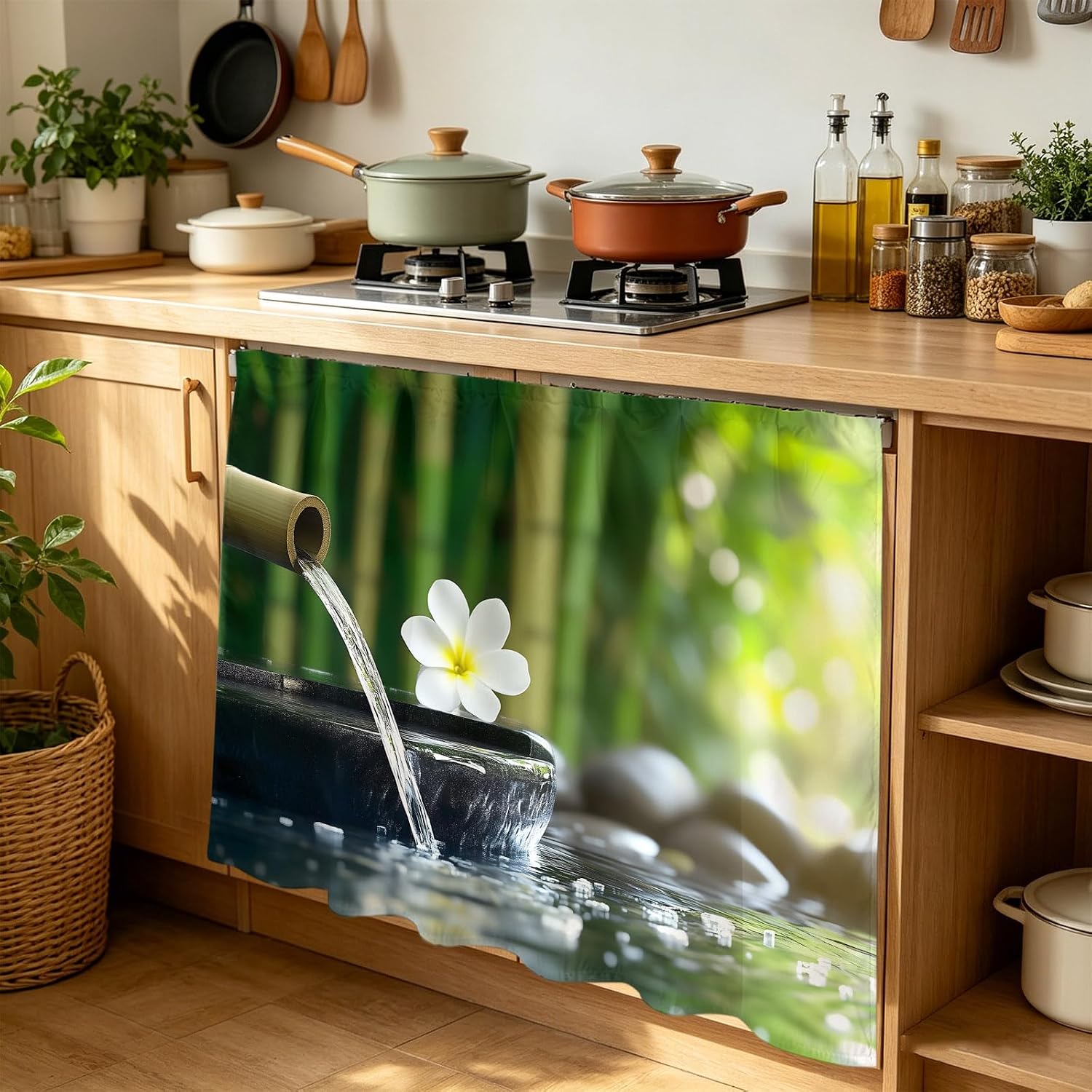 Cabinet Curtain Zen Meditation Plumeria Flower Desk Curtain 35x35in, Washable Under Sink Skirt for Kitchen Bathroom Laundry, Flowing Water Forest Privacy Self-Adhesive Shelf Curtains