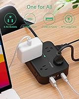 Vista 2 de Regleta protectora contra sobretensiones, enchufe plano, montaje en pared, 8 tomas anchas con 4 puertos USB (2 USB C), cable de extensión resistente