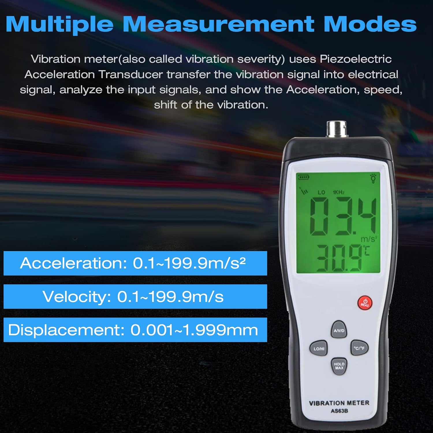 Digital Vibration Meter, Handheld Vibrometer with Accelerometer, Measures Acceleration, Velocity, and Displacement for Motor, Bearing, Pump, and Industrial Machine Analysis