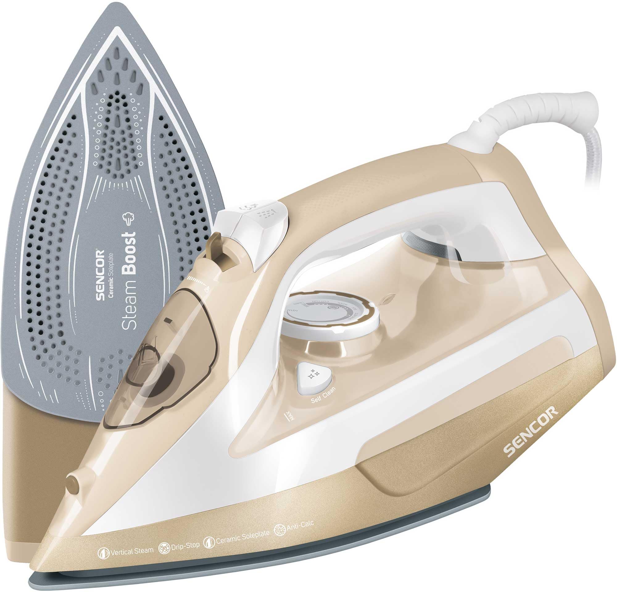 Sencor ferro da stiro a vapore con piastra in ceramica, 2600w, colpo vapore 160 g/min, anticalcare, stiratura verticale, serbatoio 470 ml, tecnologia anti-goccia, cavo 1,9 m