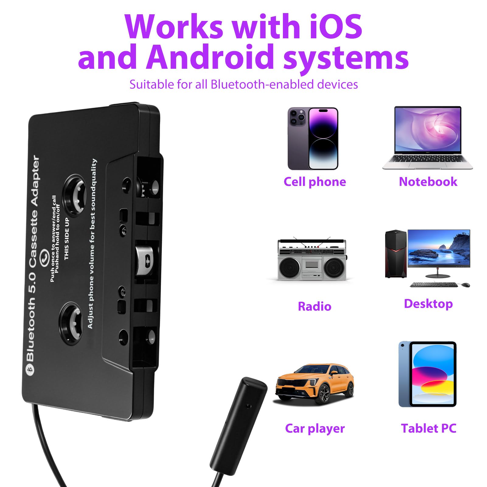 Adaptateur Cassette Bluetooth 5.0 pour Voiture, Récepteur Audio sans Fil avec Microphone Intégré pour Appels Mains Libres, Compatible avec Téléphones Portables, Tablettes et Lecteurs MP3