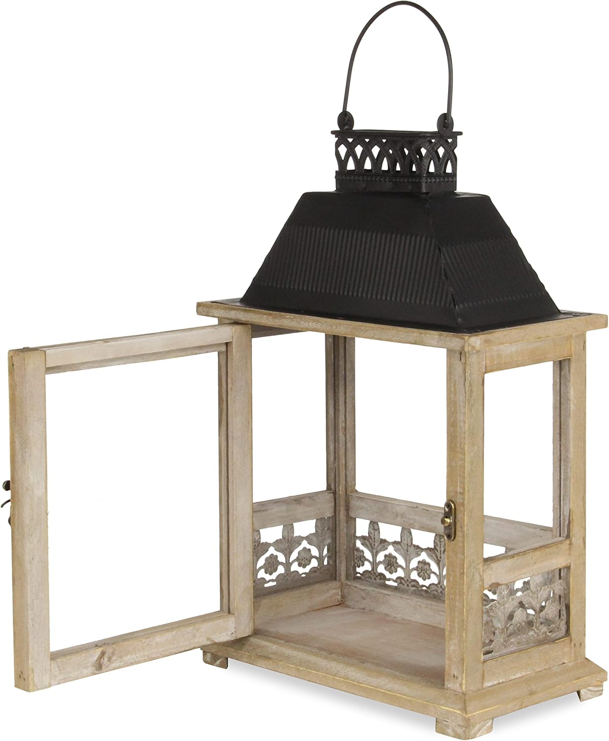 Rectangular Wooden Black Metal Top and Galvanized Accent Decorative Lantern, Brown
