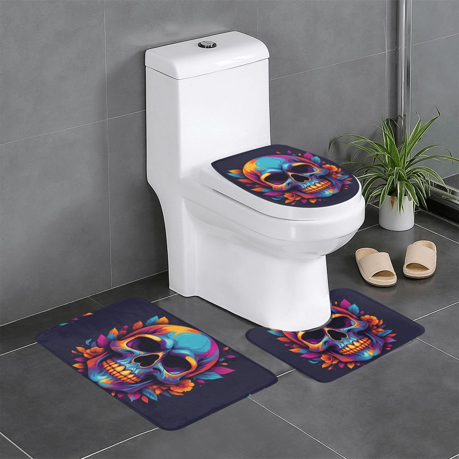 Tapis de salle de bain antidérapant lot de 3 protection sol facile à nettoyer motif crâne