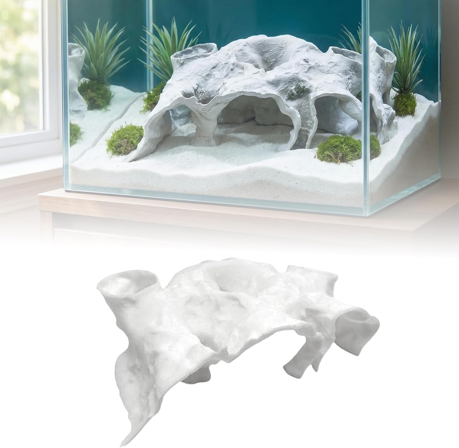 Aquarium Cave Decor,3D Printed Natural Curve Under Gravel Tunnel Cave,Viewing Fish & Shrimp Under Gravel Tunnel,Fish Tank Decor (White, Large)