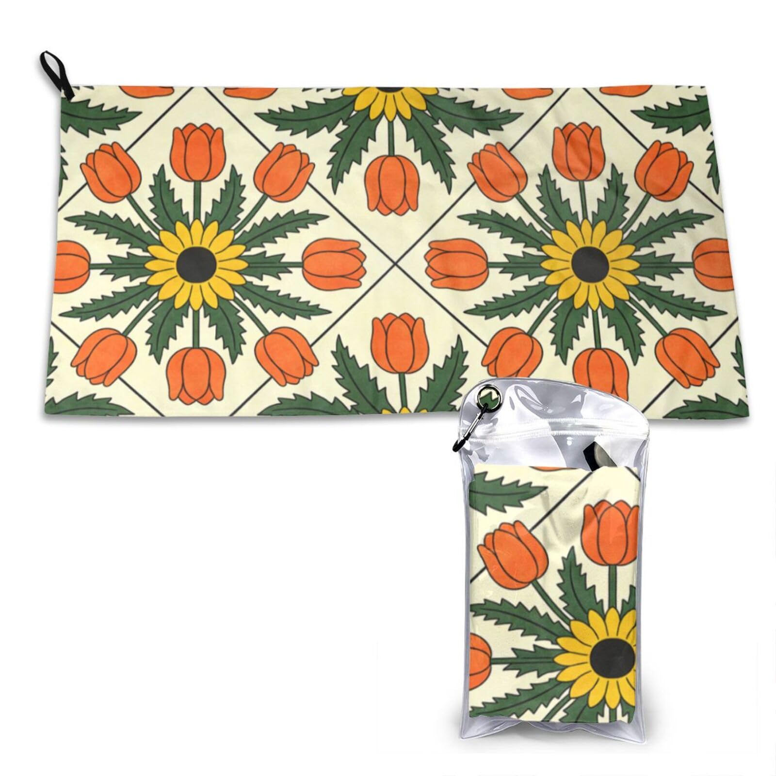 Sunflower & Tulip Pattern Print Quick Dry Towel 16x31.5in White