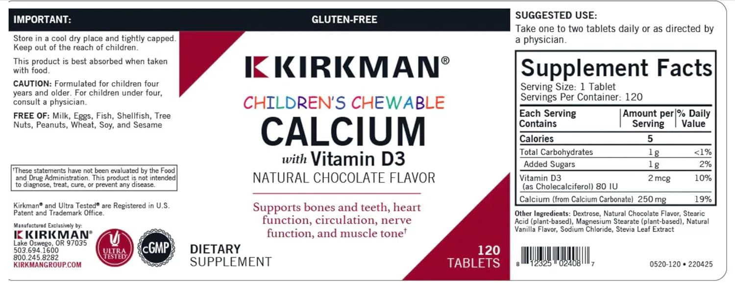 Kirkman Children's Chewable Calcium with Vitamin D3, Natural Chocolate, 120 Tablets, Labs