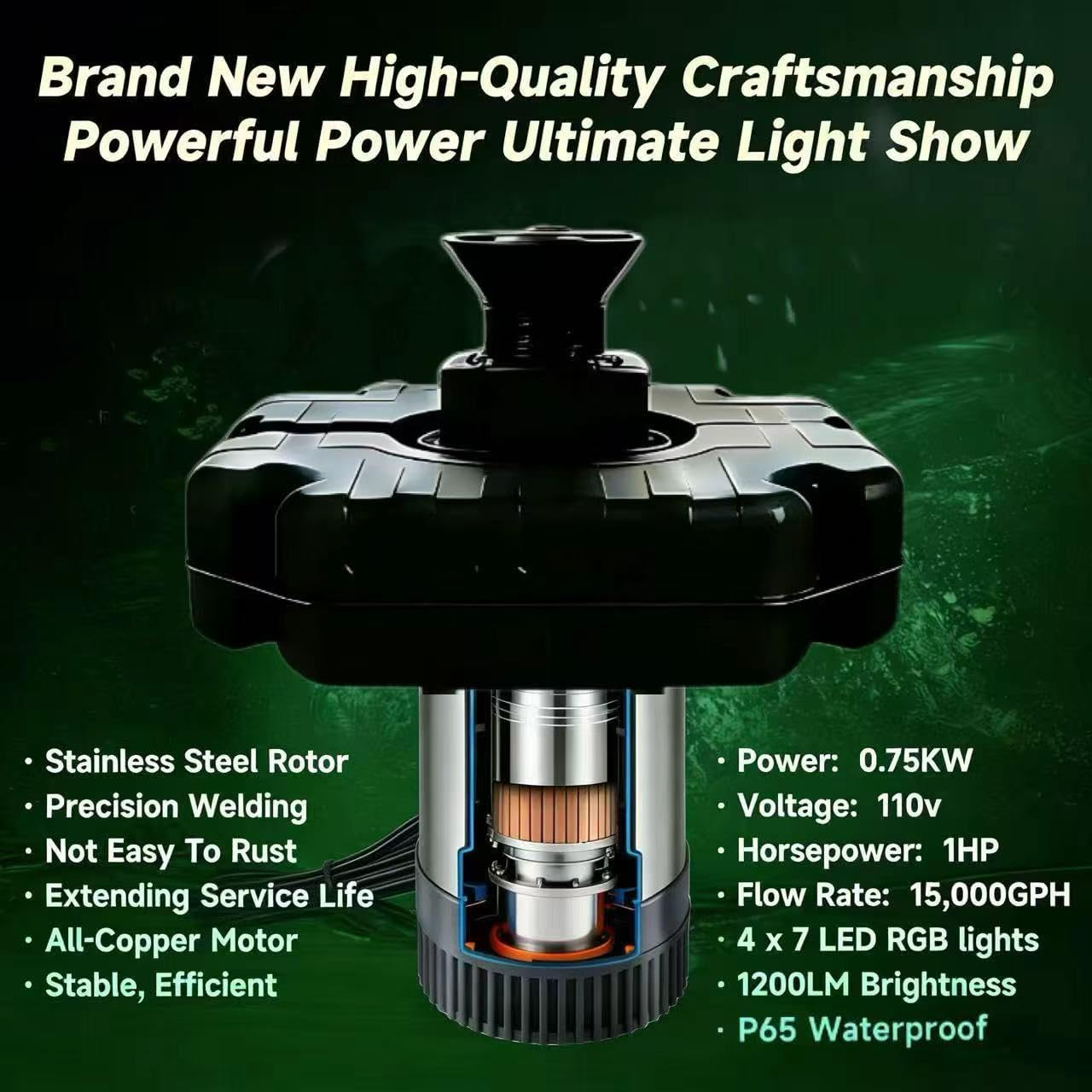 Pond Fountain Aerator,Pond Fountain, 1 HP with Dynamic LED RGB Lighting, Adjustable Modes, Digital Timer | 15,000 GPH, 750W 110V, 100FT Cord - for Large Ponds, Lakes & Outdoor Water Features