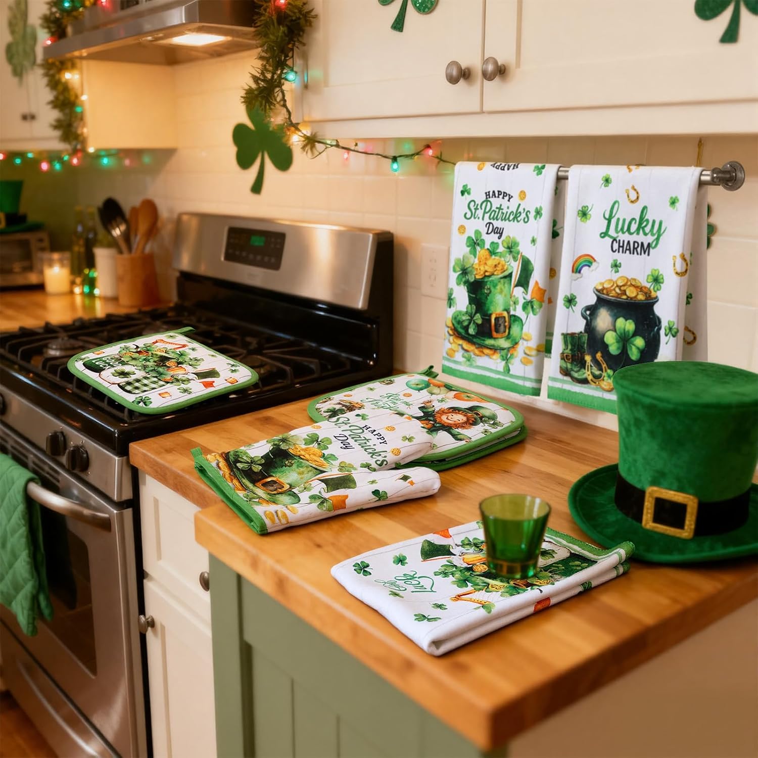 12 Pcs St. Patrick's Day Kitchen Towels Pot Holders and Oven Mitts Set 4 Green Clover Dish Towels 4 Shamrock Leprechaun Coins Oven Mitts 4 Gnomes Potholders for Xmas Dish Baking Decorative - Image 6
