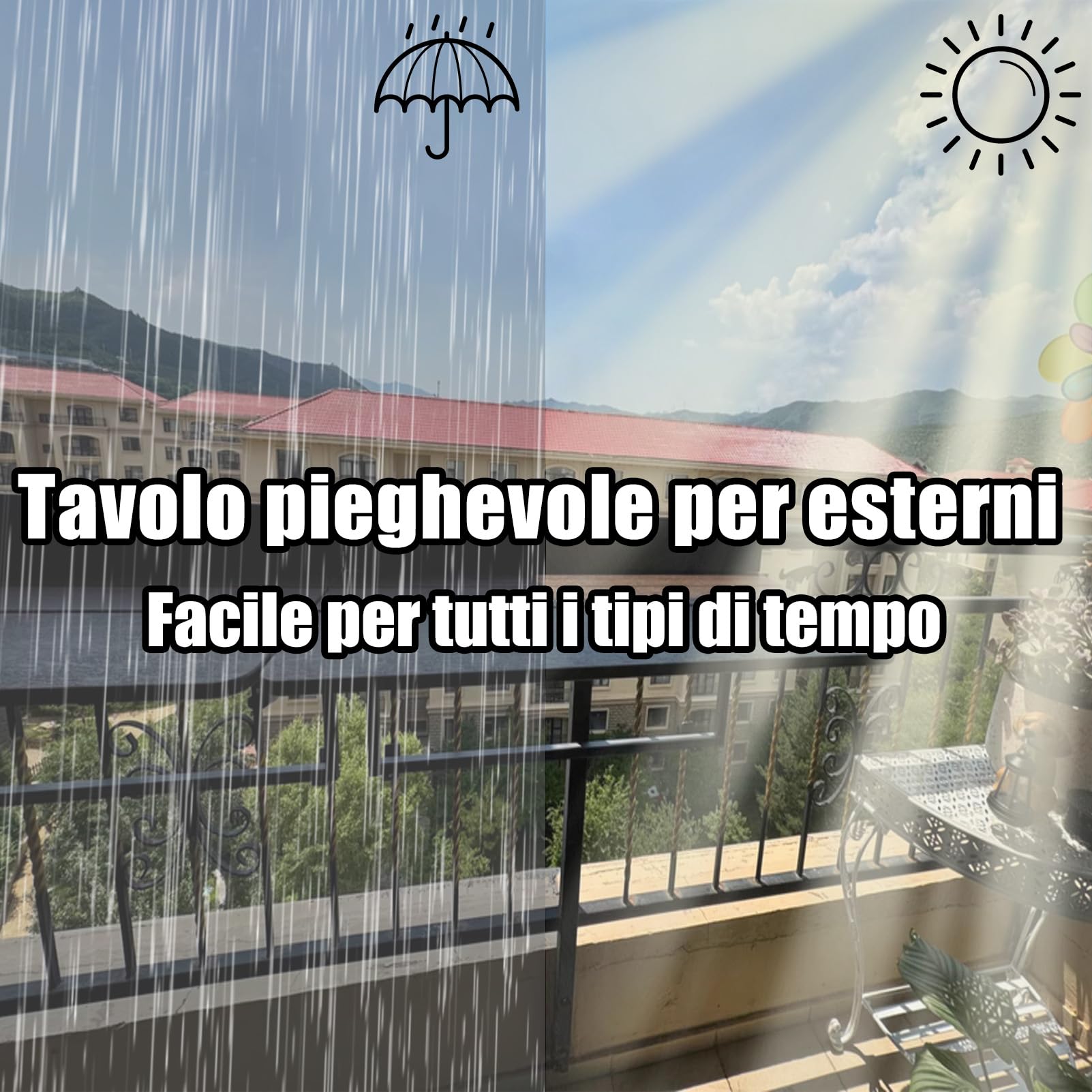 Tavolino da Ringhiera Balcone Pieghevole - Design Salvaspazio, Montaggio Rapido Senza Fori - Lega Alluminio Resistente & Materiale Ecologico per Esterni (Tavolo L 120 x P 37 cm)