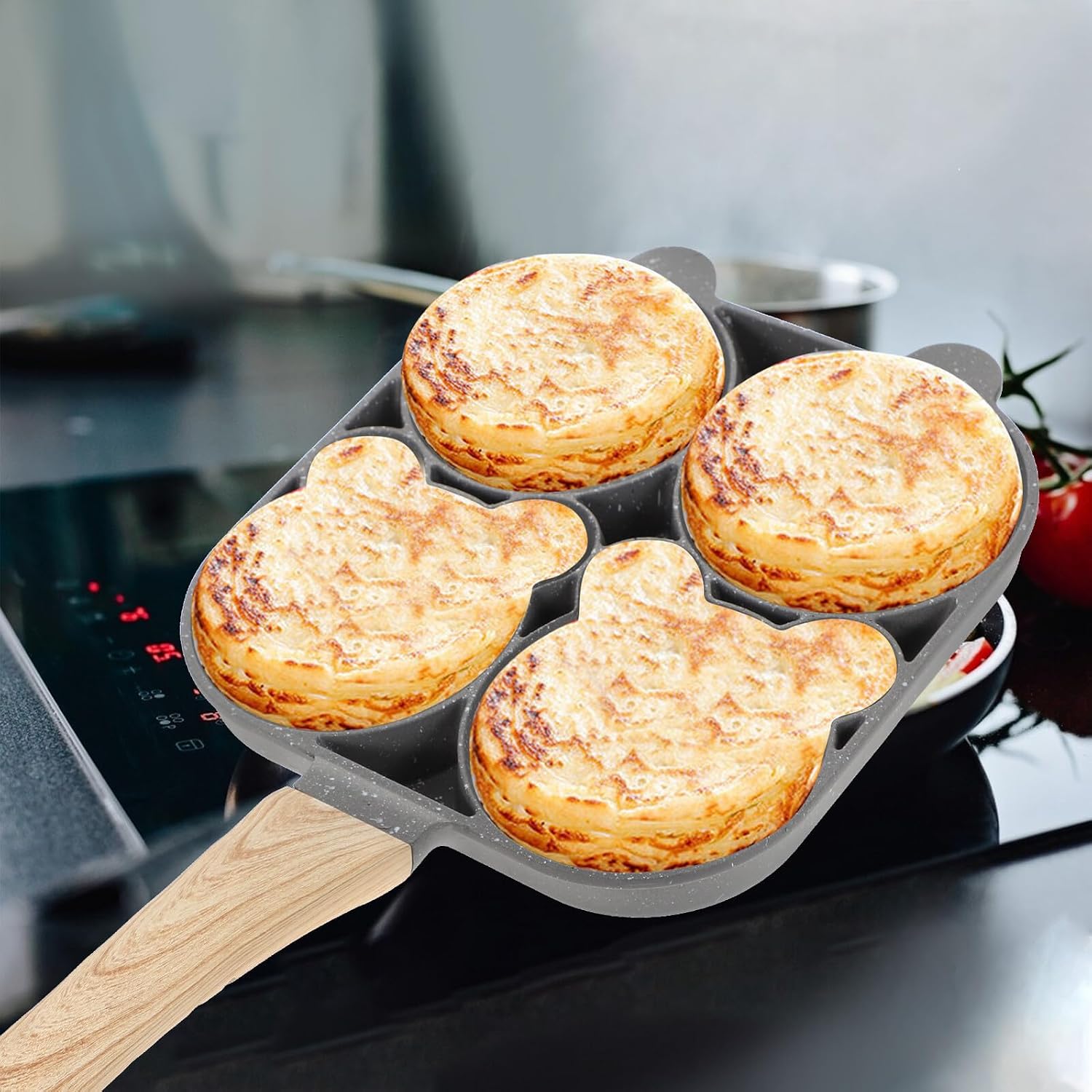 Nonstick Egg Frying Pan 4-hole Omelet Pan Mini Cooking Skillet Wood Grain Handle Gas Induction Compatible Kitchen Tool