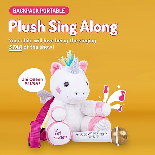 Miniatura 2 de Singing Machine Máquina de karaoke portátil para niños, mochila de juguete de peluche con micrófono, The Sing Along Crew, Uni Queen (blanco y rosa)