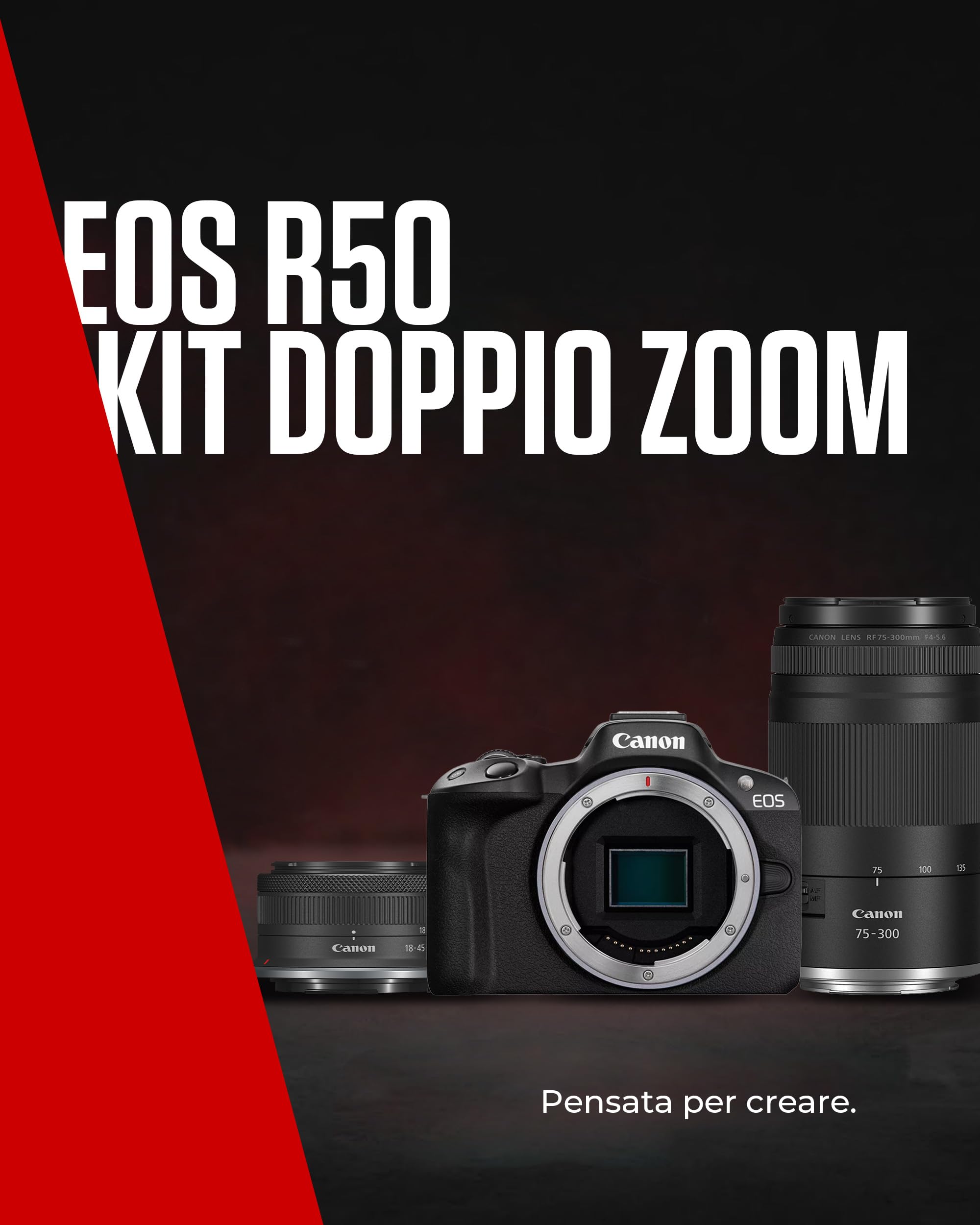 Canon EOS R50 APS-C Mirrorless + RF-S 18-45 + 75-300mm Kit Doppio Zoom (24,2 Mp,- Fino a 15fps, DIGIC X, Video 4K UHD Fino 30p, Dual Pixel CMOS Auto Focus II, Disp, Lay Touch Ordinetabile 7,5 cm)