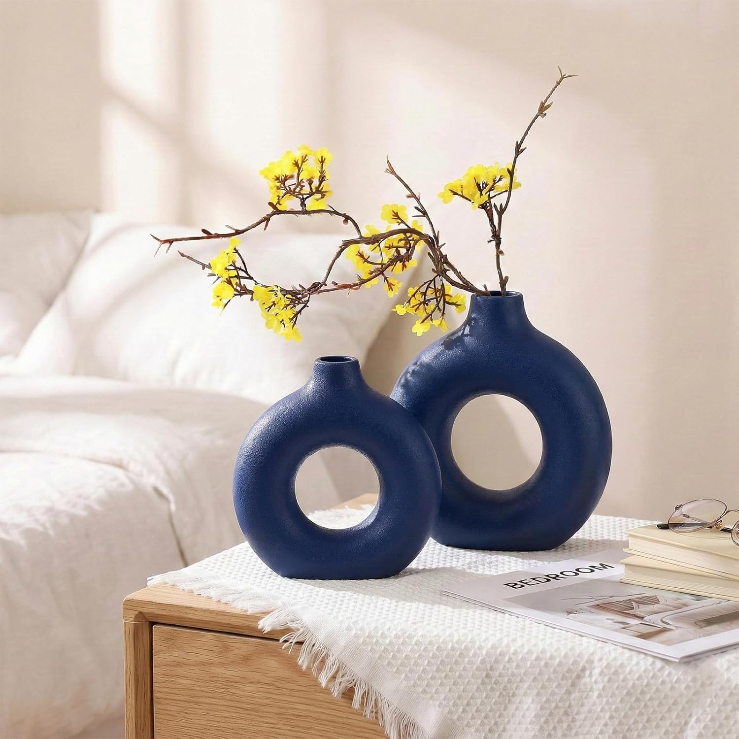 Navy Blue Vase Decor Donut Vase Set of 2 - Circle Hollow Vases, Modern Matte Ceramic Vases for Entryway Living Room Bedroom Dining Table Centerpiece Office Home Decor