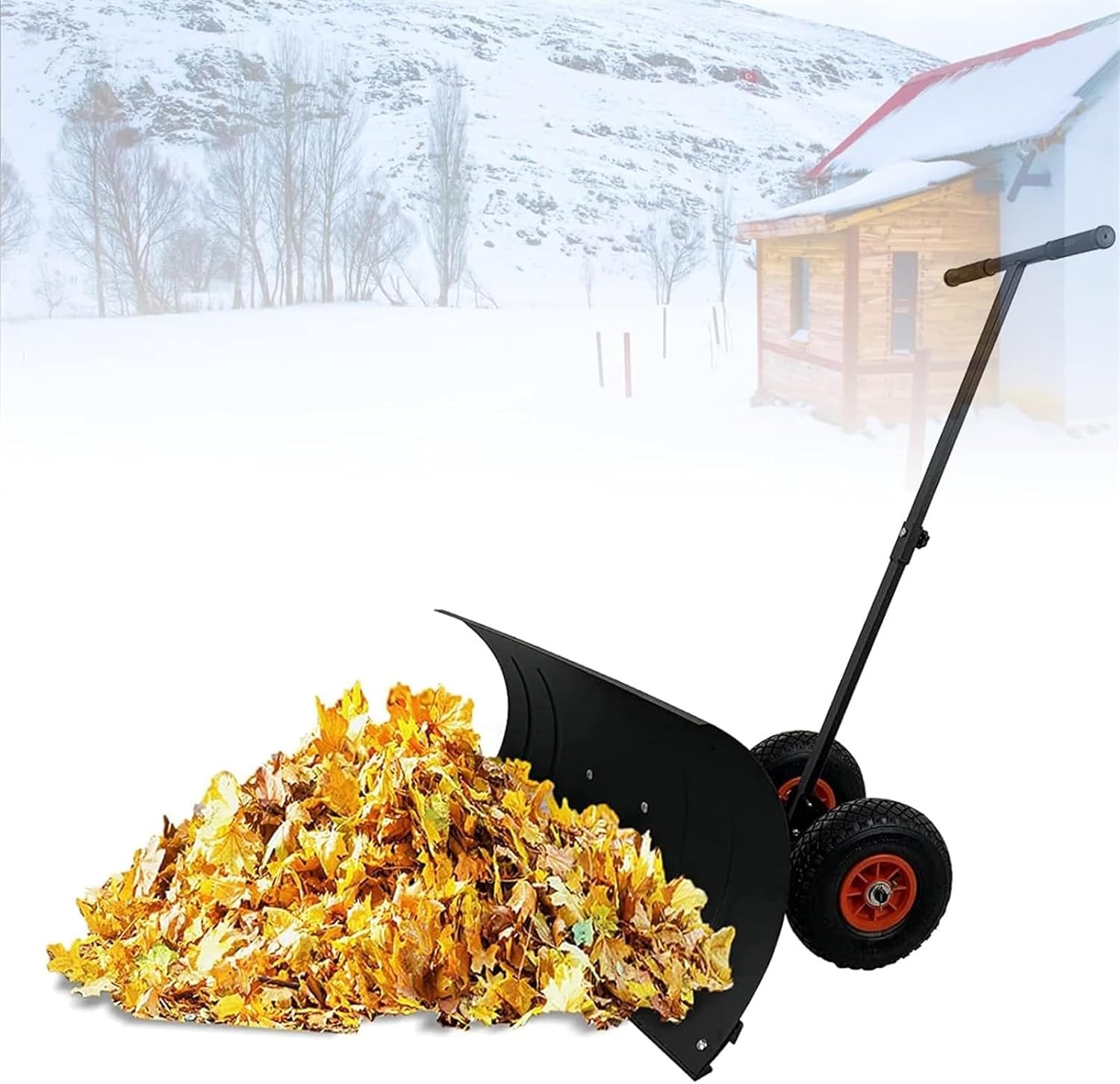 Wheeled Pusher, Rolling Snow Pusher Shovel with Height Adjustable and 5 Compartments Adjustable