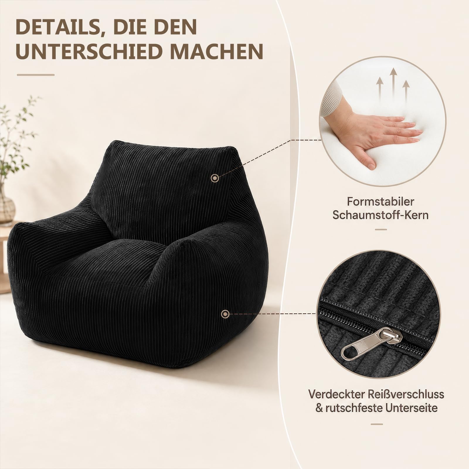 Puf para adultos con relleno, sillón de pana con respaldo, sillón grande para videojuegos y silla de suelo para salón, dormitorio y habitación juvenil, 80 x 73 x 80 cm, color negro