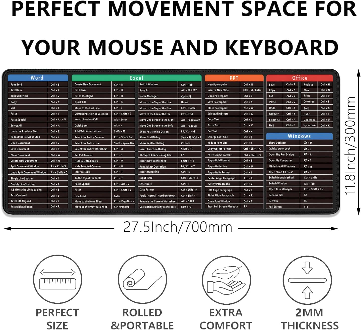 Large Extended Gaming Mouse Pad with Word Excel Office Software Excel Shortcuts PPT Windows,Stitched Edges Non-Slip Waterproof Rubber Base Mouse Pad for Office Desk Pad(27.5X11.8 in) Word+excel+ppt image 3 of 7 B0CX3ZNZ26