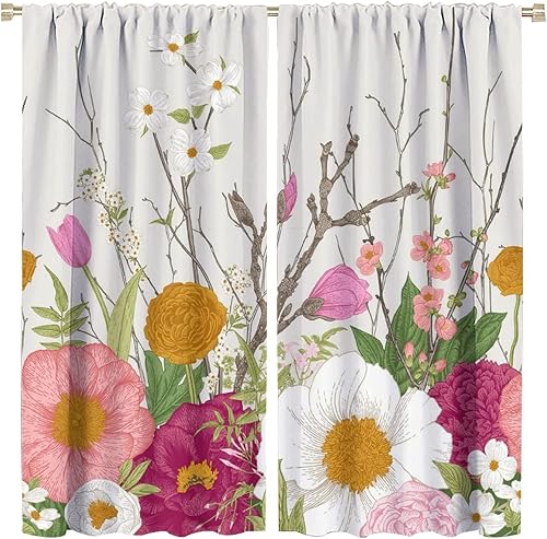 Cortinas opacas de plantas vintage, flores de primavera y ramas, flores de cerezo y peonía, con bolsillo para barra, para dormitorio, sala de estar,